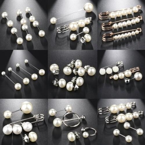 Vintage Simulated Pearl Double Head Brooch Pins For Women Men Wedding Jewelry Scarf Piercing Lapel Pins Crystal Rhinestone