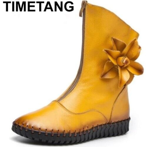 TIMETANG New Spring Front Zipper Hand-sewn Flowers Fashion Boots Soft Cow Leather Boots Flat Plus Velvet Fall Winter Boots Plus