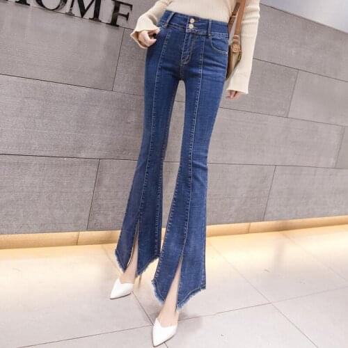 Blue Button Up Flare Hem Jeans Woman Long Denim Trousers Single-breasted Vintage Pants Capris 2019 High Waist Skinny Women Jeans