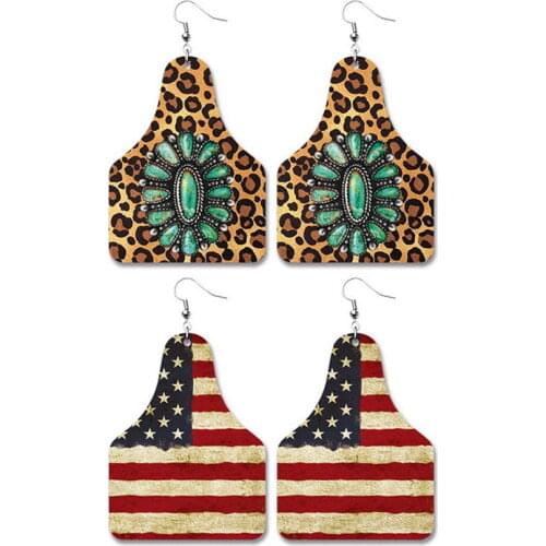 Leopard Print PU Leather Cow Ear Tag Drop Earrings for Women 2021 New Trendy Stars and the Stripes Flag Dangle Earrings Jewelry
