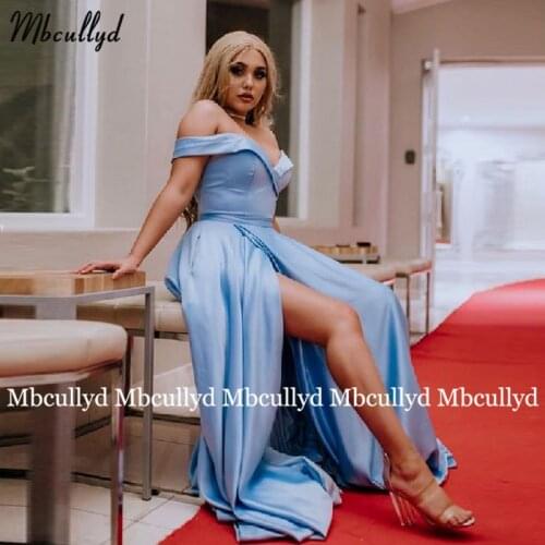 New Sky Blue Side Slit Satin Evening Dress 2021 Off the Shoulder Sweep Train Floor Length Prom Gown Formal Dresses Custom