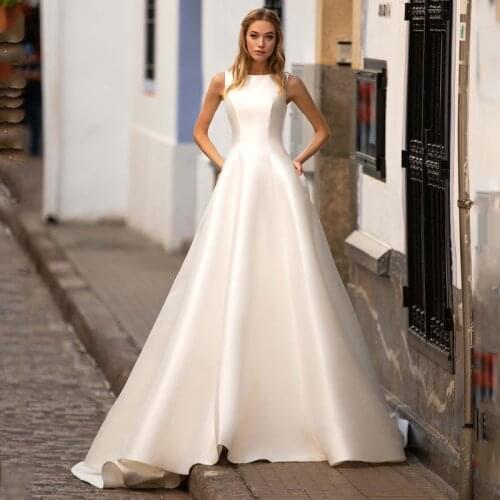 Eightree Simple Satin Wedding Dress 2021 O-neck Backless Sleeveless A-Line Wedding Gowns Summer Princess Dress Women Custom Size