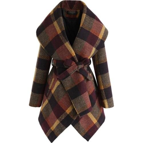 Winter Woolen Coat Women Plaid Wool Coat Mid-length Loose Belt Ladies Coats Veste Femme Hiver Manteau Femme Cappotto Donna