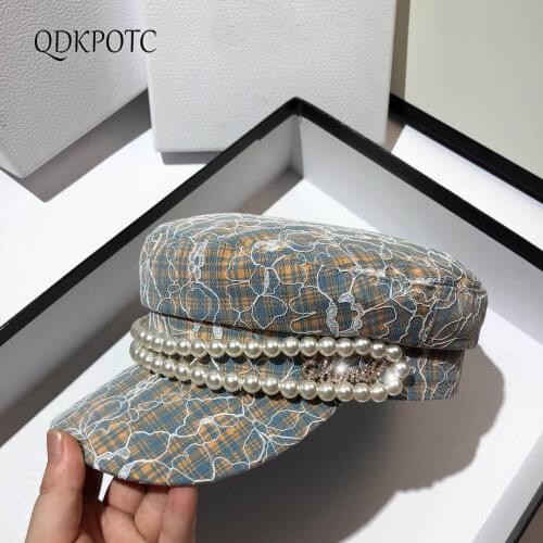 2021 Hat Spring Autumn New Women Pearl Lace Military Hats Fashion Small Fragrant Wind Light Luxury Daily Casual Cap QDKPOTC
