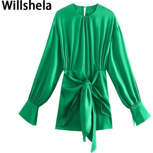 2021 Fashion Women Satin Shirt Dress with Knot O-neck Long Cuff Sleeves Chic Lady High Street Short Dresses Woman Robe