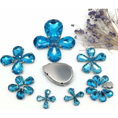 35pcs8Sizes MIX Turquoise blue DR shape Crystal Glass Sew-on Rhinestones Silver Bottom DIY Mobile phone shell and Wedding dress