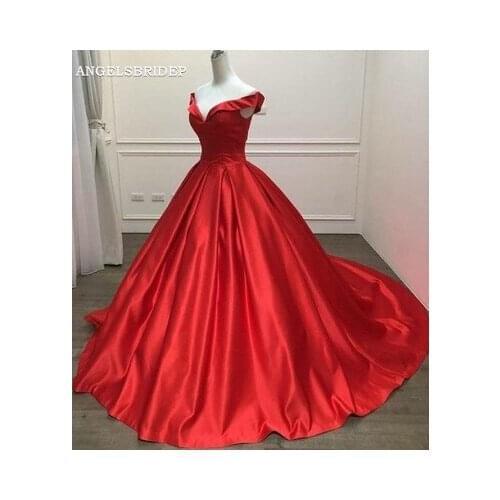 ANGELSBRIDEP V-Neck Ball Gown Wedding Dress 2021 Vestido De Noiva Formal Simple Court Train Satin Bridal Gowns Robe De Mariee
