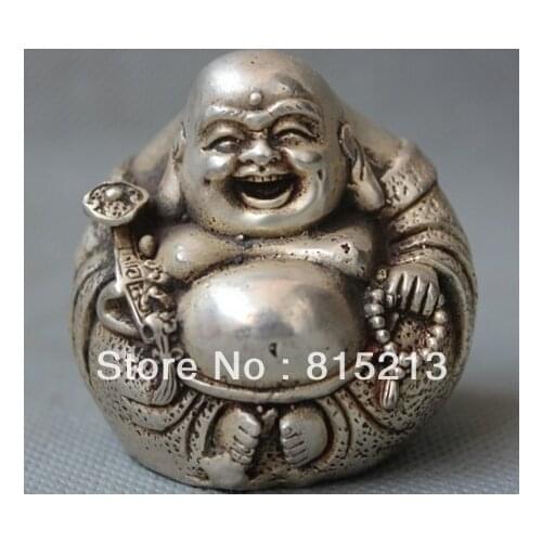 Bi00105 Lucky China Chinese Bronze Silver Happy Laugh Buddha Hold Ruyi Statue Figurine 5~13cm