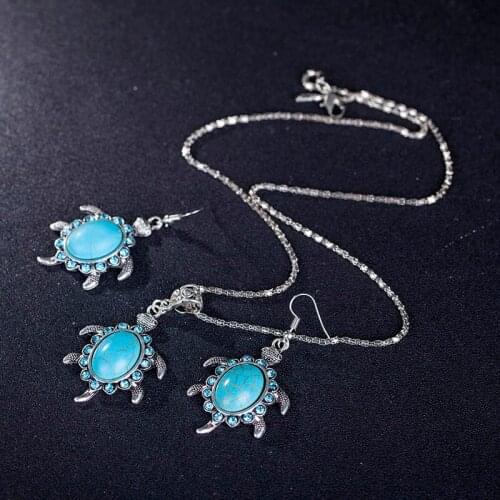 Bohemia Indian Jewelry Tibetan Silver Blue Tortoise Pendant Necklace and Earring Set Free Shipping
