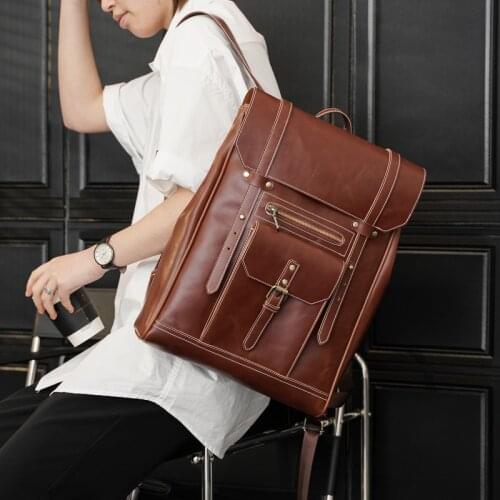 2021 New Retro Crazy Horse Leather PU Large Backpack High Quality Men Women Trendy Casual Rucksack Laptop Student School Bag