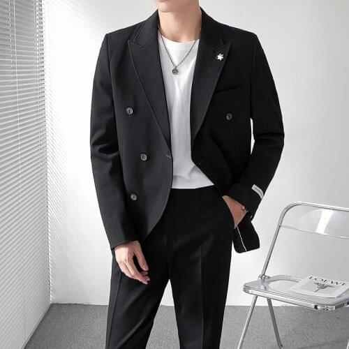 British Style Men Blazers Double Breasted Casual Suit Jacket Black Gray Wedding Business Social Dress Coat Street Wear Clothing