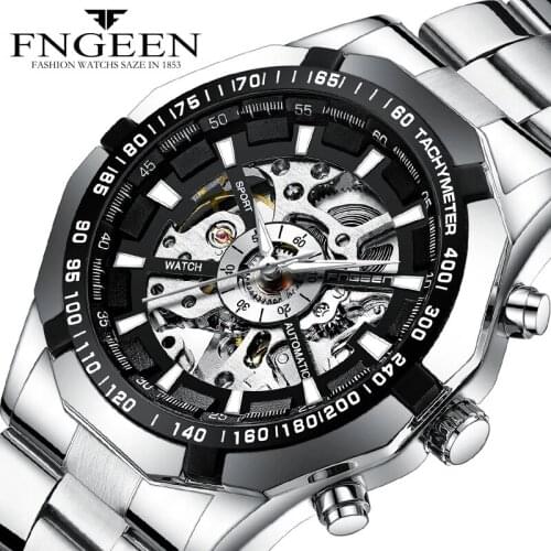 Top Brand Watch Man Silver Luxury Stainless Steel Men Skeleton Watches Transparent Mechanical Male Wrist Watch Masculino Relogio
