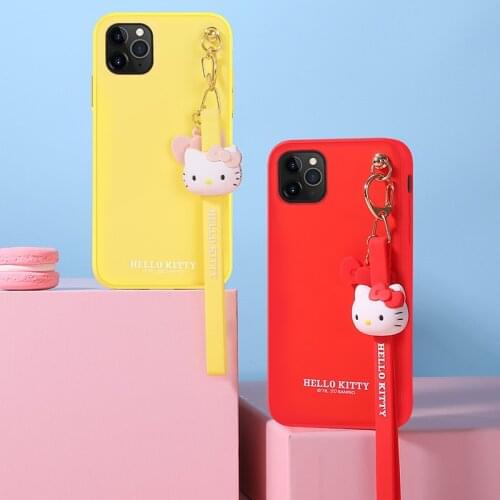 Hello Kitty Liquid Silicone Phone Case Hand Strap Protection Case for Iphone12/12Promax Antifouling Anti-Lost with Lanyard