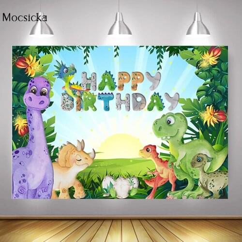 Jungle Cartoon Dinosaur Happy Birthday Backdrop Safari Party Newborn Dinosaur 1st Birthday Background Green Leaves Sunshine