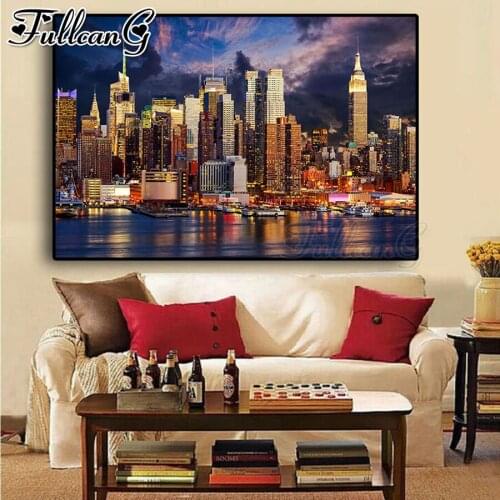 FULLCANG Sunset Cloud New York City Manhattan Building full square drill diy large diamond painting mosaic embroidery kit FC1962