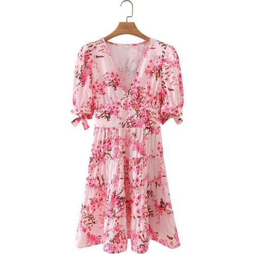 Jastie 2021 Bohemian Women Dress Floral Print Bow Puff Sleeve V-Neck Wood Ear Mini Dress Summer Beach Party Sexy Ladies Dresses