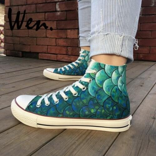 Wen Skateboarding Shoes Design Custom Unisex Hand Painted Fish Scales Canvas Sneakers High Top Flat Mens Womens Laced Plimsolls