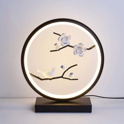 Chinese Zen Round Flower Bird Decor LED Desk Lamps Hotel Bedroom Bedside Lamp Wedding Room Table Light Fixtures Remote Control