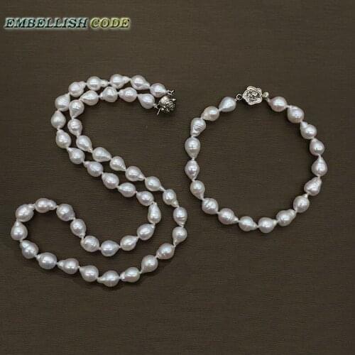 Small baroque tissue nucleated flameball pearls bracelet charm necklace set white freshwater pearls screw thread summer jewelry