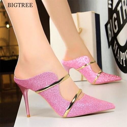 2021 Gold Double Word Band Outdoor Slippers Womens Fashion Sequined Cloth Pointed Toe Shallow High Heels Shoes Women Show Thin