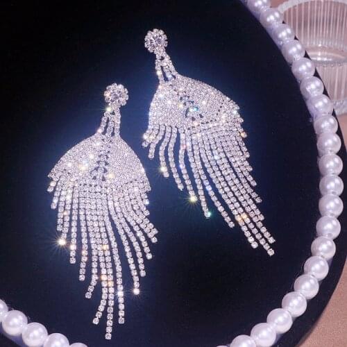 Trendy Sparkling Rhinestone Long Tassel Drop Earrings For Women Silver Color Big Dangle Earrings Wedding Bridal Jewelry Gifts