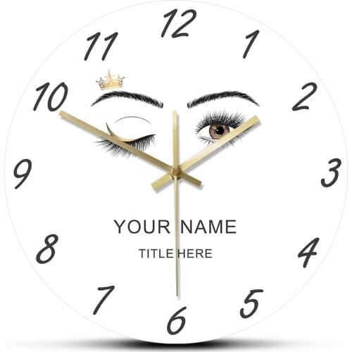 Eyelashes Beauty Salon Studio With Custom Name Wall Clock Lashes Care Wink Eye Crown Eyebrows Makeup Art Personalized Watch