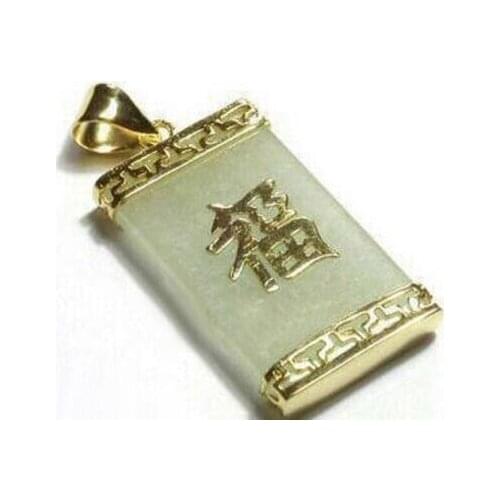 Natural Light Green Jade Yellow Gold Plated Fortune Luck Pendant & Necklace
