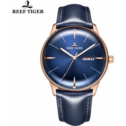 New Reef Tiger/RT Luxury Dress Watches Blue Dial Leather Brand Convex Lens Glass Automatic Watches for Men RGA8238