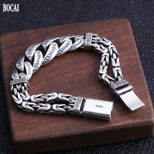 BOCAI New solid s925 pure silver six-character mantra personalized peace pattern man bracelet wide version Thai silver jewelry