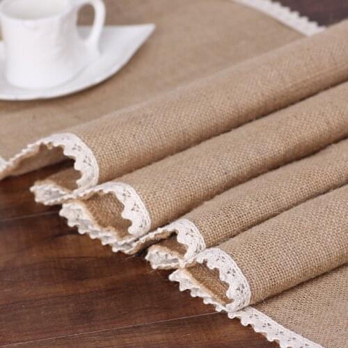 Wholesale Lace Burlap Table Runner 7pcs / lot 30*275cm Hessian Vintage Jute Top Quality for Party Wedding Event Decoration