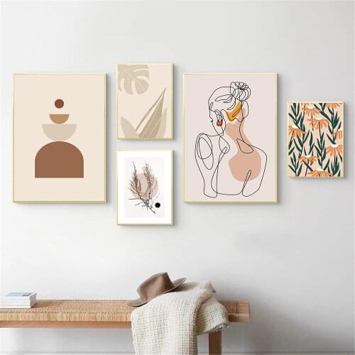Plant Leaf Flower Minimalist Print Posters Abstract Line Girl Canvas Painting Geometry Wall Art Poster Picture Living Room Decor