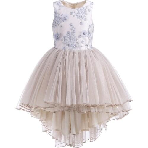 Champagne Color Girl Layered Tulle Dress with Embroidery Flower Birthdya Party Outfit Kids Size 6 7 8 9 10 11 12 Years Old 2021