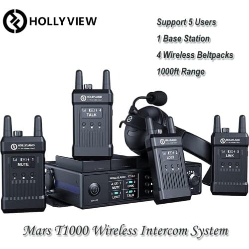 Hollyland Mars T1000 [Official] Full-Duplex Wireless Intercom System (1 Base Station with 4 Beltpack Transceivers)