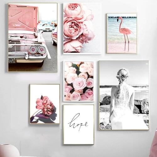Nordic Pink Painting Art Poster Bride Rose Flower Romantic Canvas Painting Wall Picture Modern Home Decoration Mural Couple Gift