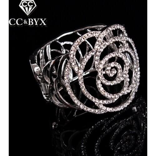 Romantic flower rose shape crystal bracelet bangles for women wedding party fashion jewelry chic accessories for bridals E005