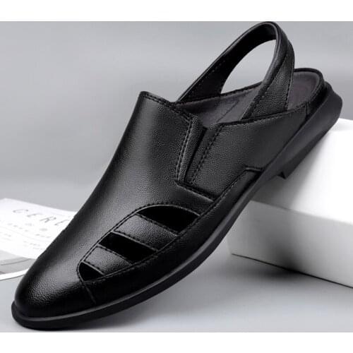 Mens Sandals Summer Genuine Leather Sports Hollow Out Casual Closed Toe Fisherman Outdoor Walking Driving Beach Sandals