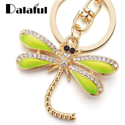 Chic Dragonfly Keyrings KeyChains For Women Green Enamel Insect Key Chains Rings Holder For Car Crystal Bag Pendant K268 New