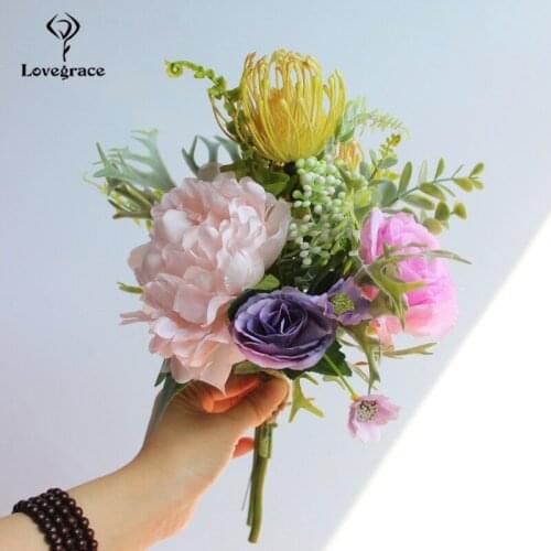 Lovegrace Bridal Wedding Bouquet High Quality Artificial Flower Silk Rose Peony Daisy Staghorn Fern Pink Bouquet Wedding Flower