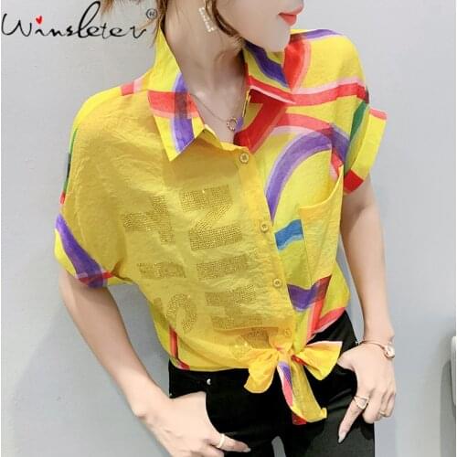 Summer Korean Style Color Blocking Loose Long Blouse Sexy Diamaonds Women Tops Short Sleeve Print Letter Cardigan Shirts T17014A