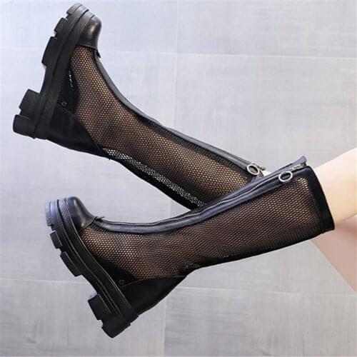 Womens Cow Leather Summer Knee High Boots Platform Wedge High Heel Sandals Round Toe Party Pumps Punk Goth Party Shoes