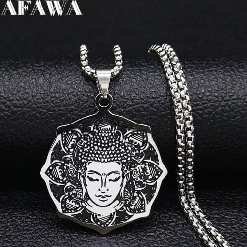 Yoga Lotus Buddha Stainless Steel Necklace for Women Silver Color Statement Necklace Jewelry Christmas Gift collares N3235S02