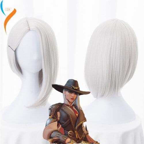 2019 Ashe Cosplay Wig 30cm Short Straight Heat Resistant Synthetic Hair OW Game Wig Silver-white Costume Party Wig