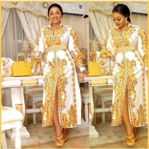 African Digital Print Dresses Women Print Long Sleeve Sashes Boubou Dashiki Clothes Abaya Dubai Robe Africa Long Dress