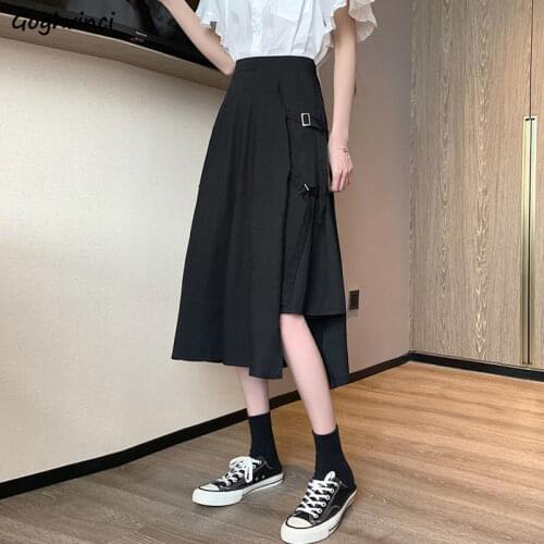 Asymmetric Skirts Women Side-slit Pockets Hole Safari Style Fashion Leisure Design Ins High Quality Simple All-match Empire Chic