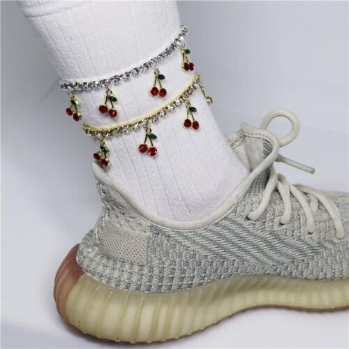Bohemian Rhinestone Crystal Cherry Ankle Bracelet Tennis Chain Crystal Anklets for Women Beach Leg Foot Bracelets Jewelry