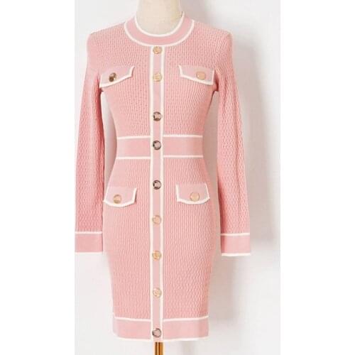 Elegant Black Sweater Dress 2021 Autumn Winter Pink Long Sleeve Dress Women Round Neck Single Breasted Bodycon White Dress