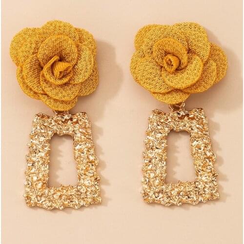 HuaTang Fashion Yellow Flower Drop Earrings for Women Geometric Gold Color Square Dangle Earrings Female Party Jewelry Brincos