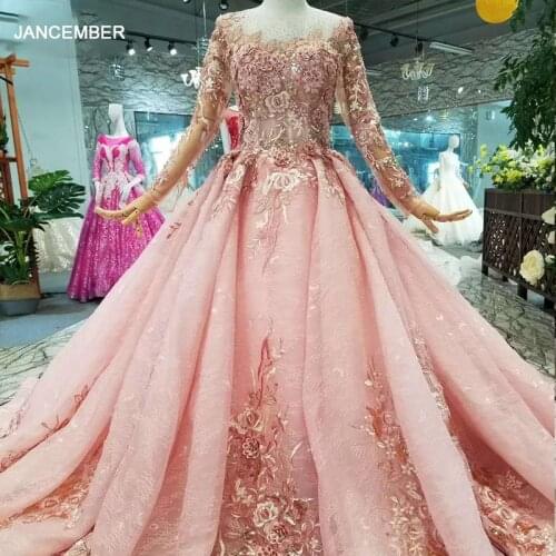 LSS1002 pink girls pageant beauty dresses long sleeves o neck long train petal flowers women occasion dress high quality