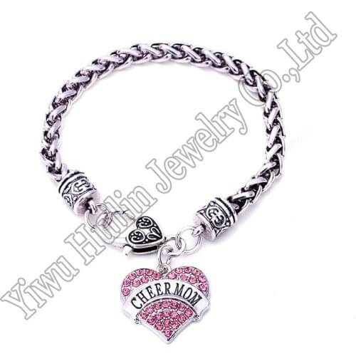 Cheer Mom Heart Wheat link Bracelet Crystal Silver plated Hearts Metal Soldier Bracelets