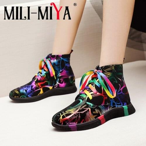 MILI-MIYA New Fashion Women Flock Ankle Boots Lace-Up Fashion Graffiti Mixed-Color Round Toe Motorcycle Boots Plus Size 34-41